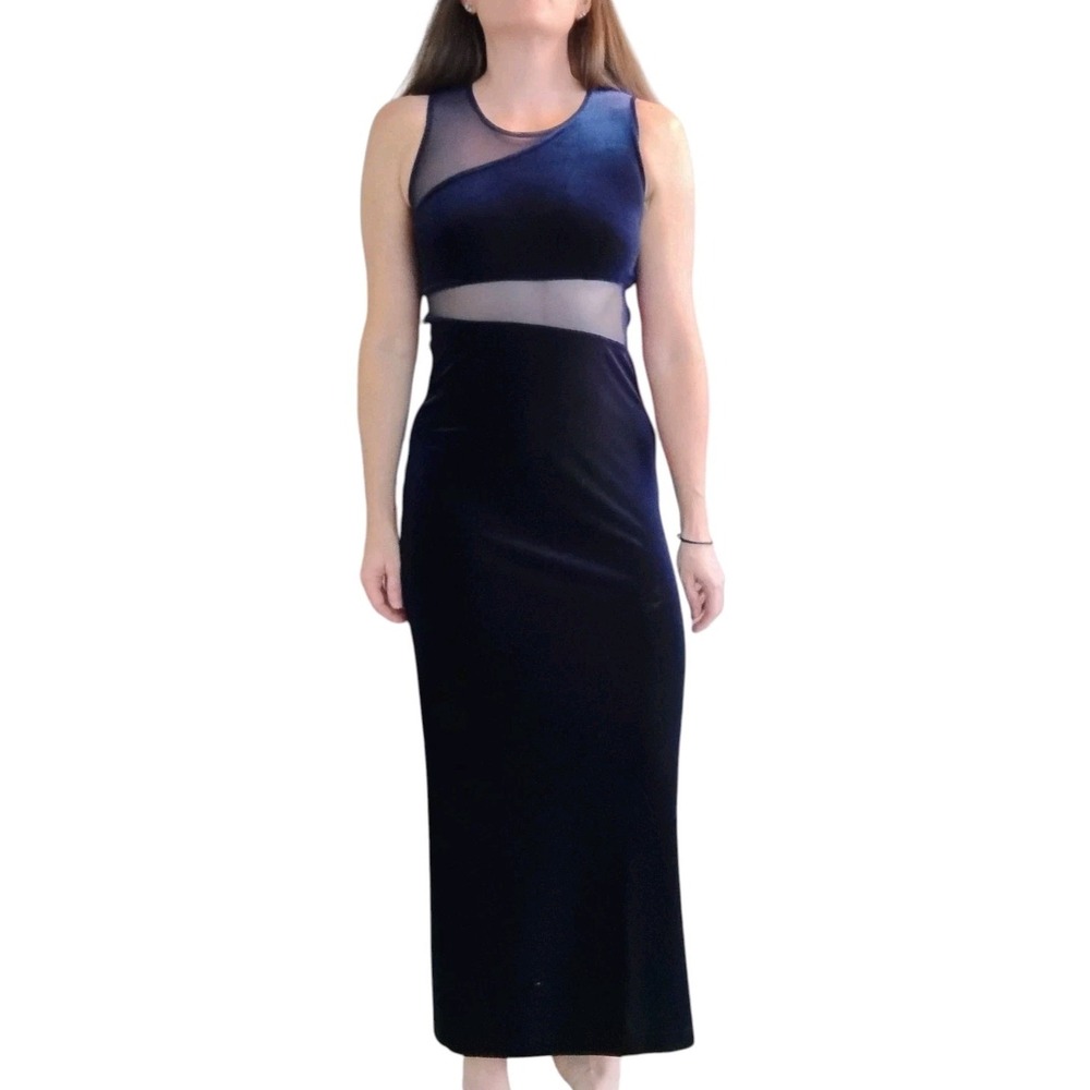 Betsy & Adam Velvet Sheer Dress Womens 7-8 Midnight Blue Gown Formal Whimsigoth